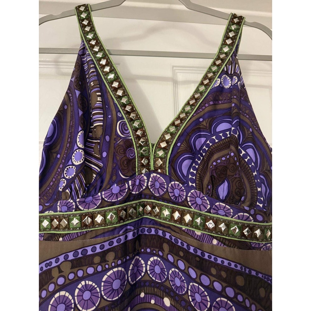 ITW by Claude Brown Purple Geometric Boho Maxi Dress Studded V-Neck Size 6 - Picture 2 of 7